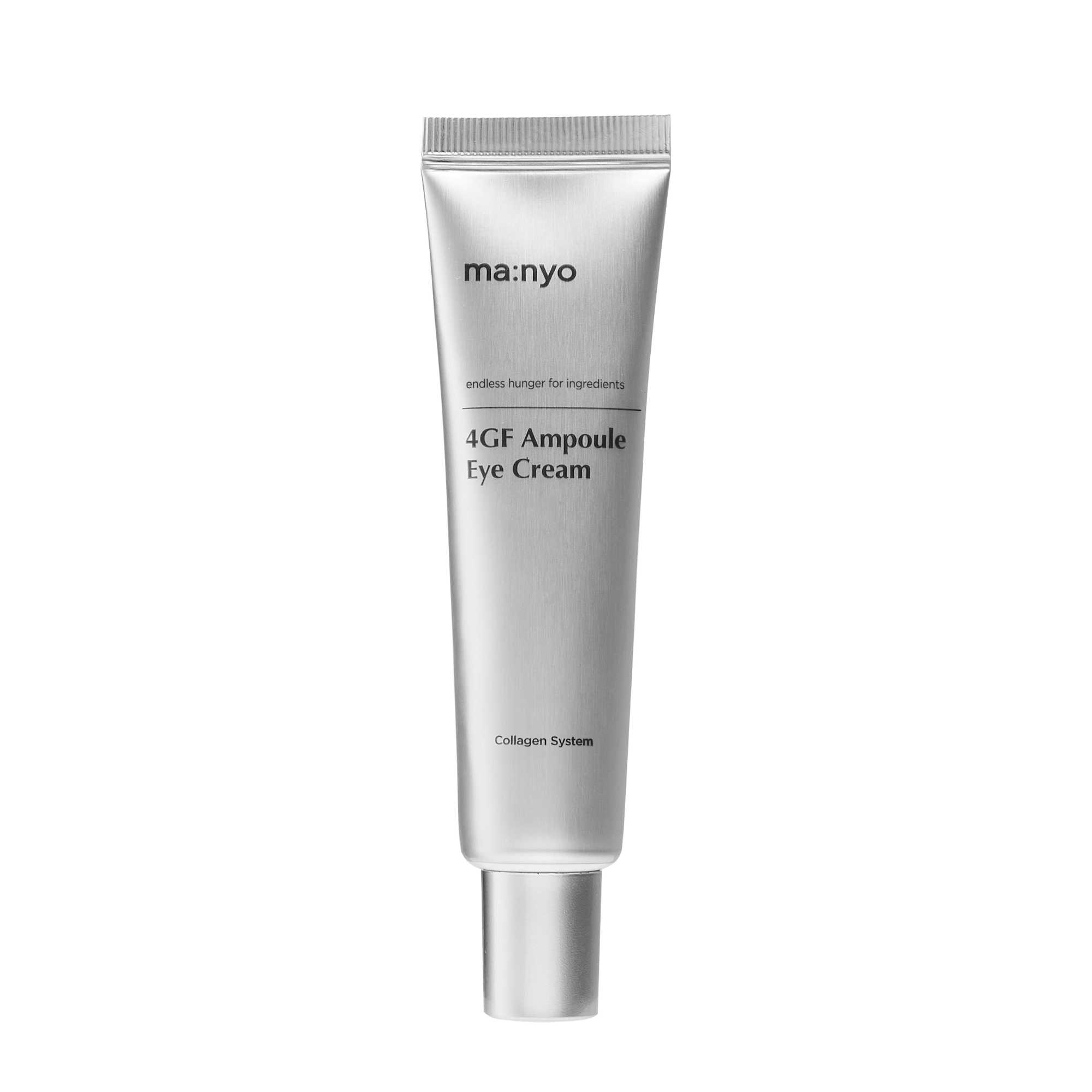 The image shows ma:nyo's 4GF Ampoule Eye Cream. The eye cream is in a sleek, light grey tube shape. 