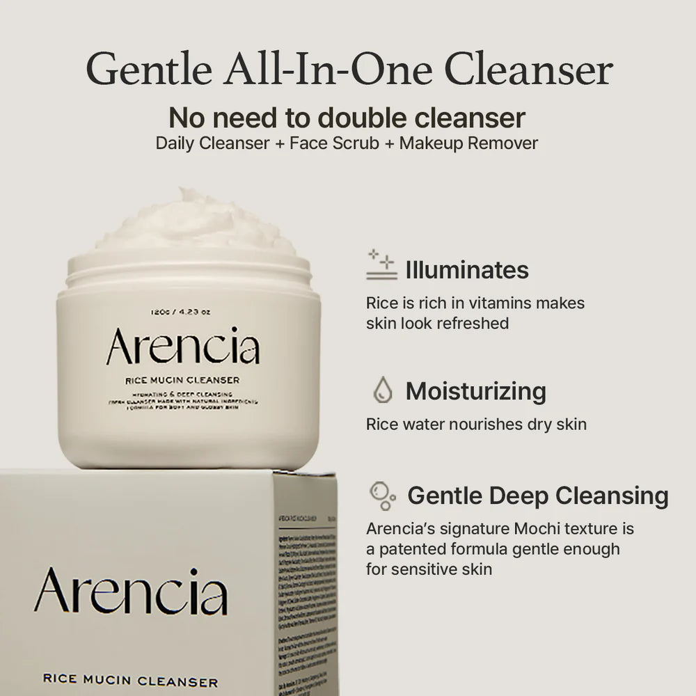 Gentle all in one cleanser. No need to double cleanser. Daily cleanser + face scrub + makeup remover. Illuminates. Rice is rich in vitamins makes skin look refreshed. Moisturizing. Rice water nourishes dry skin. Gentle deep cleansing. Arencia's signature mochi texture is a patented formula gentle enough for sensitive skin. 