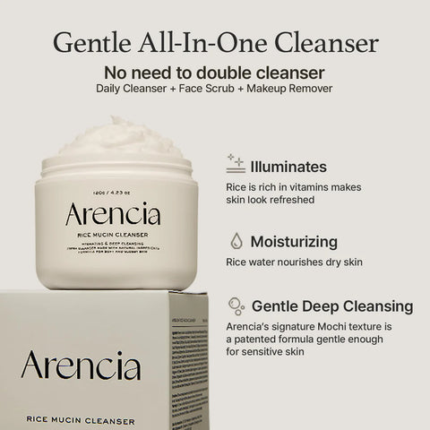 Gentle all in one cleanser. No need to double cleanser. Daily cleanser + face scrub + makeup remover. Illuminates. Rice is rich in vitamins makes skin look refreshed. Moisturizing. Rice water nourishes dry skin. Gentle deep cleansing. Arencia's signature mochi texture is a patented formula gentle enough for sensitive skin. 