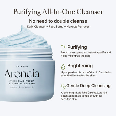 Purifying all in one cleanser. No need to double cleanse. Daily cleanser + Face scrub + makeup remover. Purifying. French Hyssop extract instantly purifie and helps moisturize the skin. Brightening. Hyssop extract is rich in vitamin c and minerals that illuminates the skin. Gentle deep cleansing. Arencia signature rice cake texture is a patented formula gentle enough for sensitive skin.