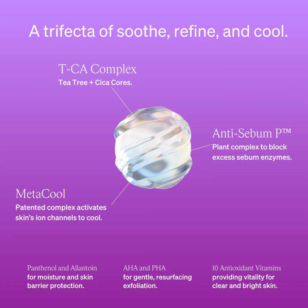 Graphic showing Knemo toner’s key ingredient complex. A glowing sphere represents three key features: T-CA Complex with Tea Tree and Cica, Anti-Sebum P™ to block excess sebum enzymes, and MetaCool to cool the skin by activating ion channels. Additional ingredients like Panthenol, AHA/PHA, and antioxidants are listed below.