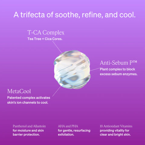 Graphic showing Knemo toner’s key ingredient complex. A glowing sphere represents three key features: T-CA Complex with Tea Tree and Cica, Anti-Sebum P™ to block excess sebum enzymes, and MetaCool to cool the skin by activating ion channels. Additional ingredients like Panthenol, AHA/PHA, and antioxidants are listed below.