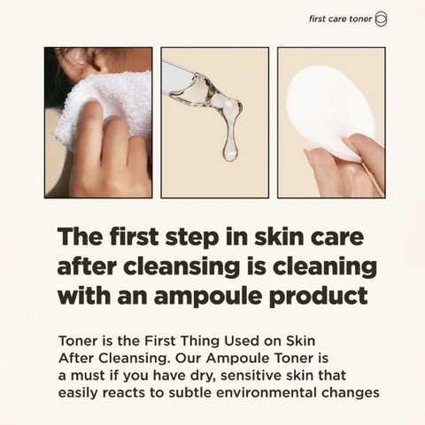 The image promotes a skincare product. It features three images: a person wiping their face with a cloth, a close-up of a liquid dropper, and a hand holding a cotton pad. The text reads: 