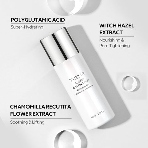 TIRTIR glossy coating mist. Polyglutamic acid provides super hydration effect. Witch hazel extract provides nourishing and pore tightening effect. Chamomilla recutita flower extract provides soothing and lifting. 