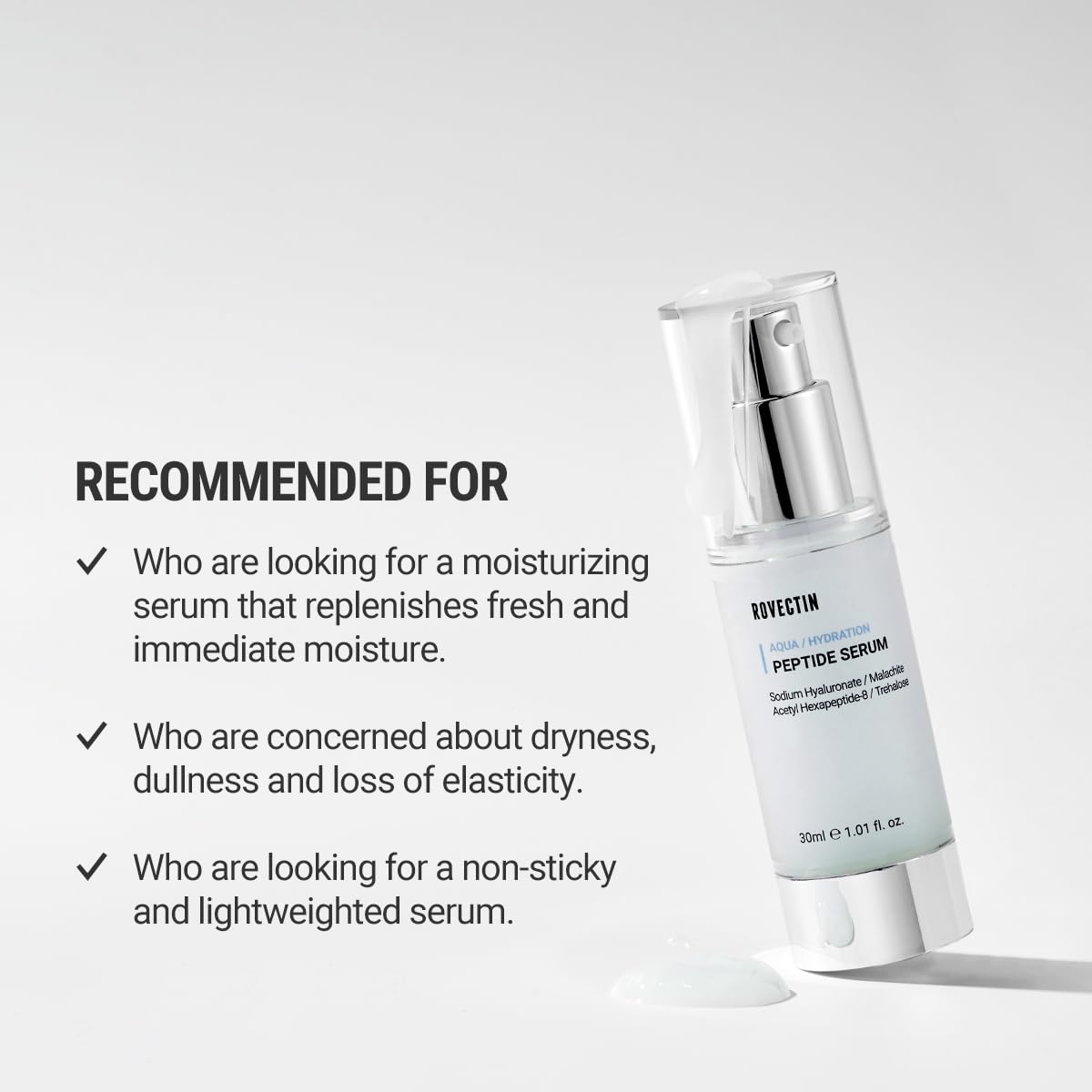 Recommended for those seeking immediate moisture, concerned about dryness and loss of elasticity, and looking for a lightweight, non-sticky serum.