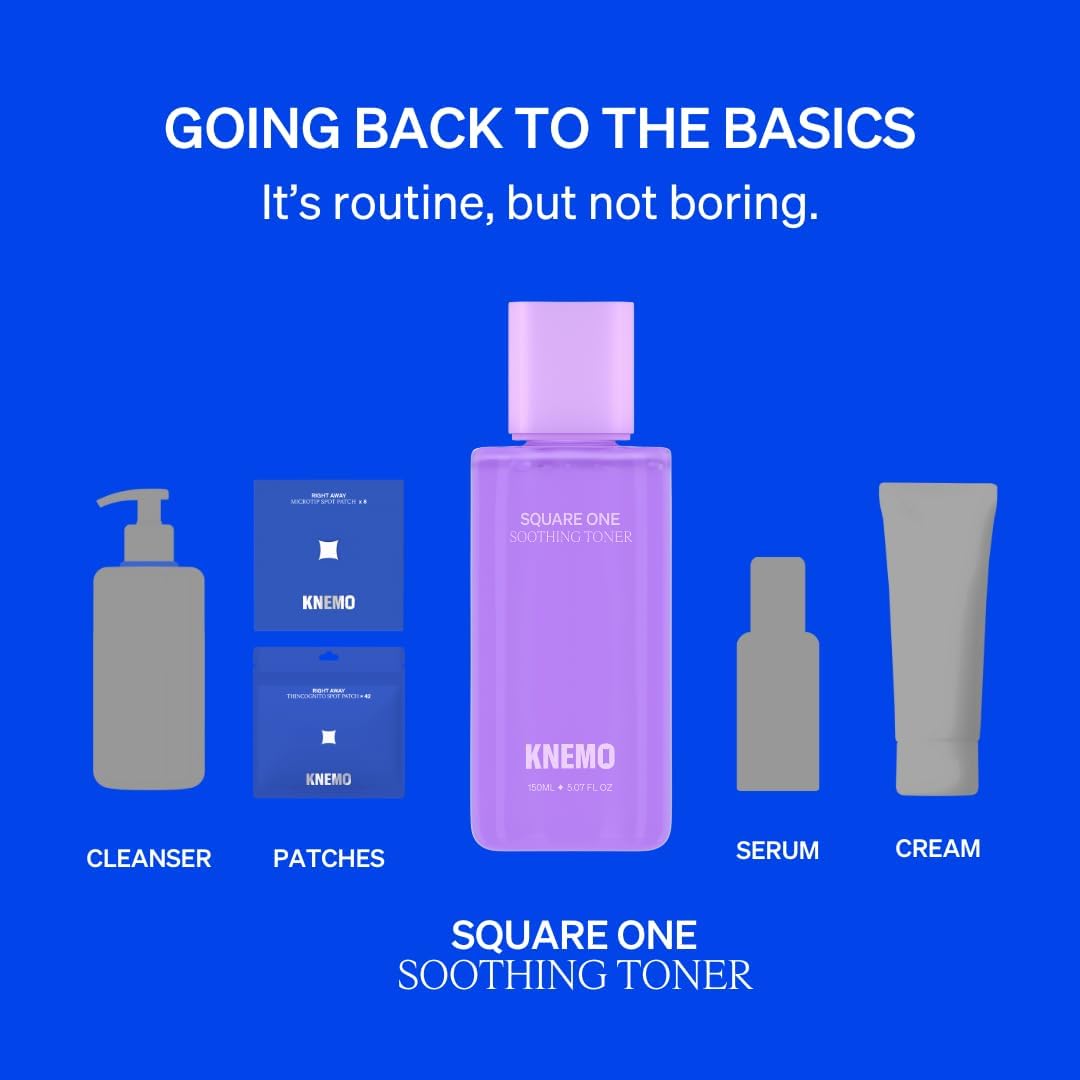 Visual guide to a skincare routine featuring Knemo Square One Soothing Toner at the center. Surrounded by icons of a cleanser, spot patches, serum, and cream. The text reads: 'Going back to the basics — it's routine, but not boring.