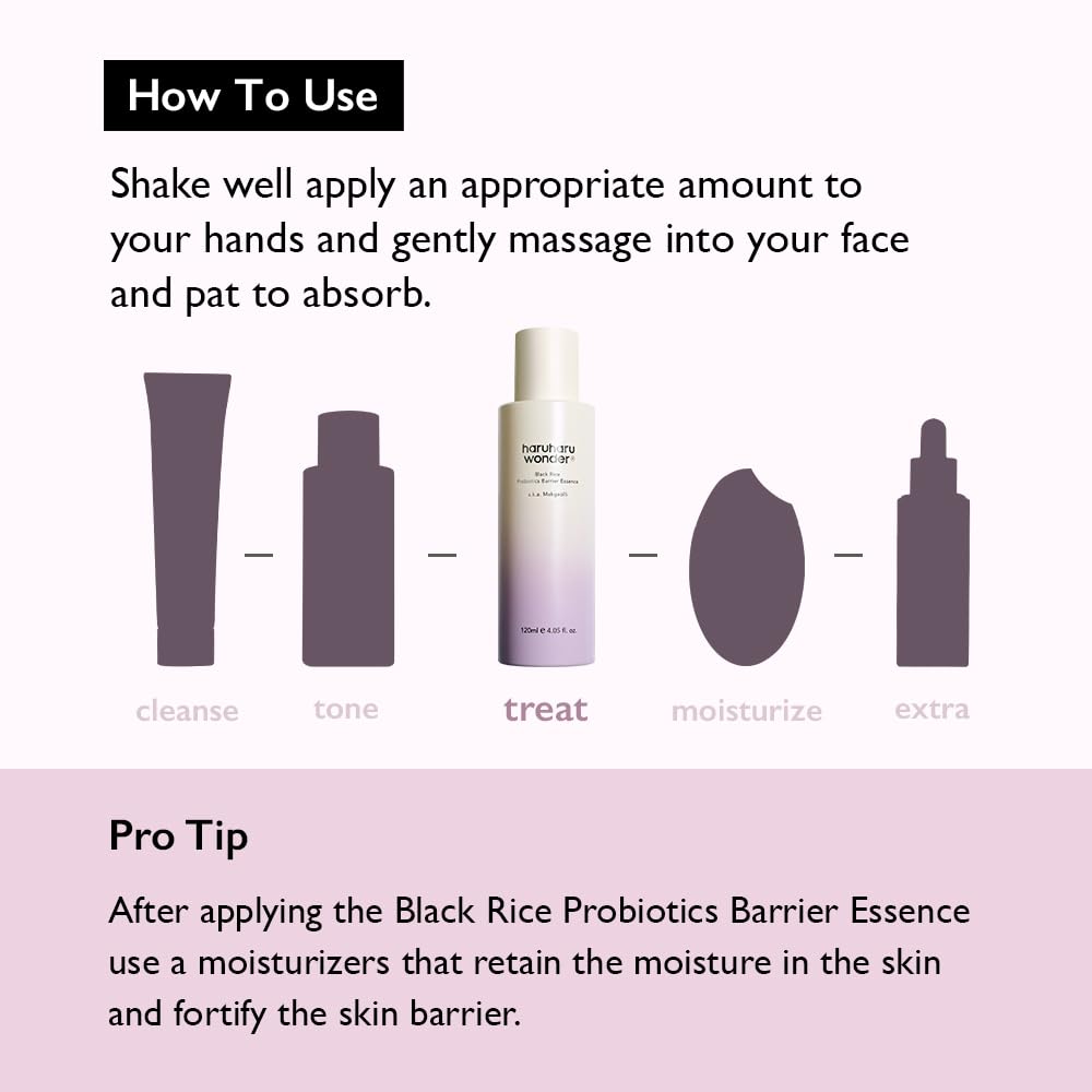 How to use. Shake well apply an appropriate amount to your hands and gently massage into your face and pat to absorb. Pro tip. After applying the black rice probiotics barrier essence use a moisturizers that retain the moisture in the skin and fortify the skin barrier. 