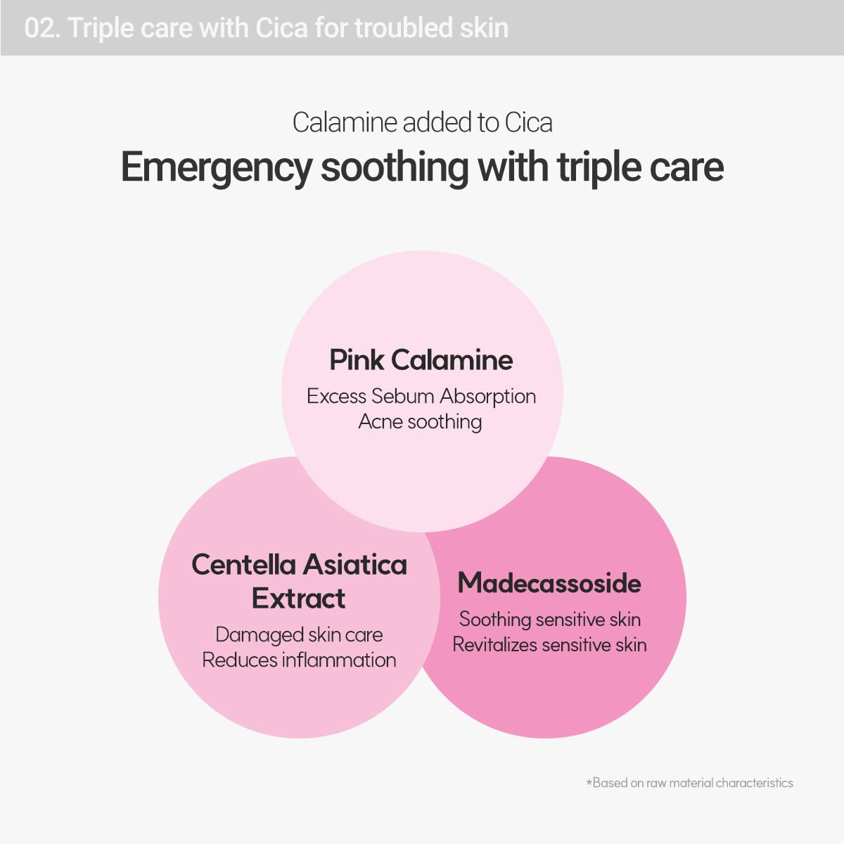 Triple care with Cica for troubled skin. Calamine added to Cica. Emergency soothing with triple care. Pink Calamine - excess sebum absorption acne soothing. Centella Asiatica Extract - damaged skin care reduces inflammation. Madecassoside - Soothing sensitive skin, Revitalizes sensitive skin. 