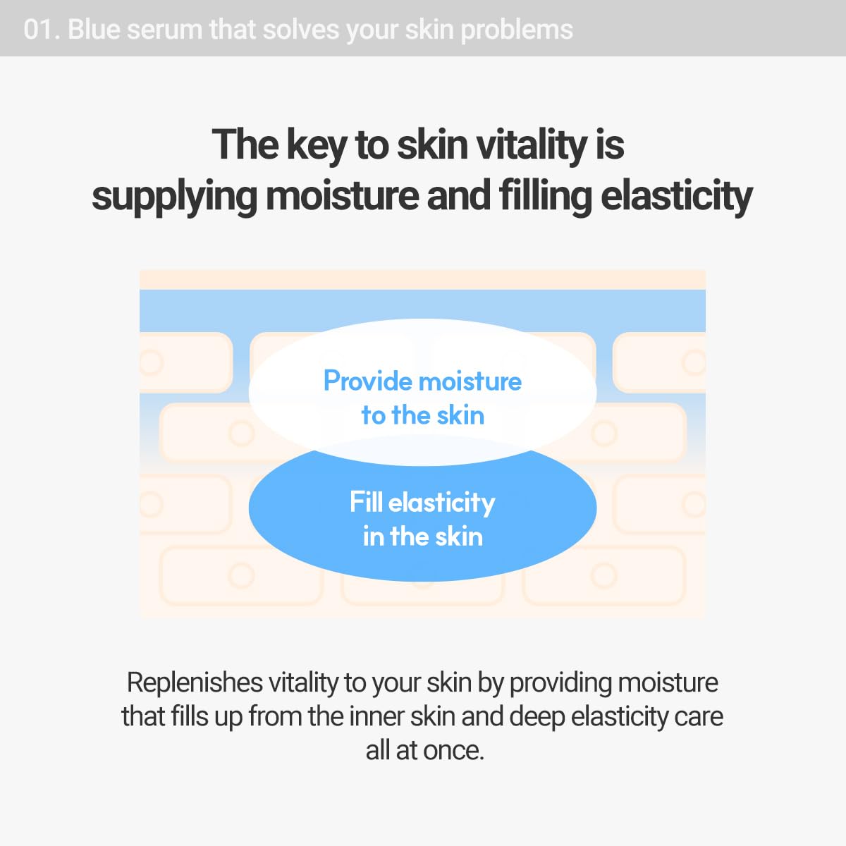 Illustration highlighting the key to skin vitality: providing moisture and filling elasticity. Text explains that the blue serum replenishes skin vitality with deep hydration and elasticity care.