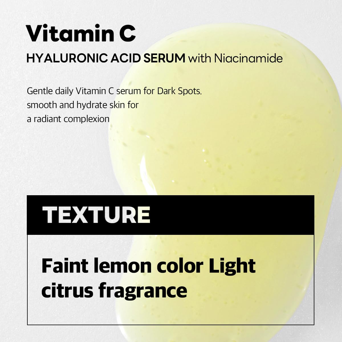 A close-up of a yellow serum with a faint lemon color and a light citrus fragrance. The serum is labeled 