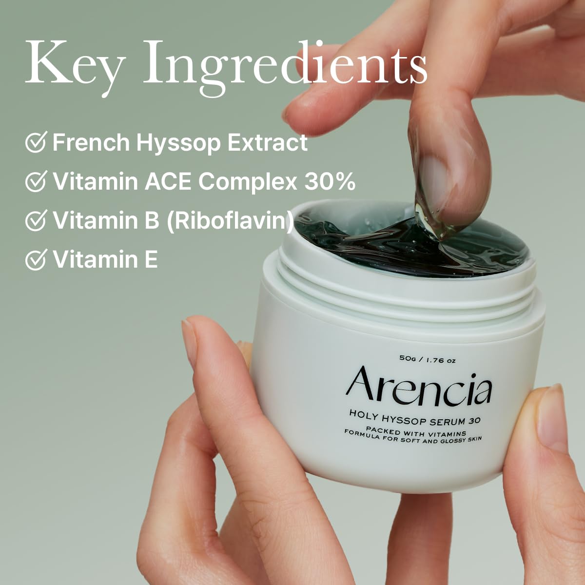 Key ingredients. French hyssop extract. Vitamin ACE complex 30%. Vitamin B (Riboflavin). Vitamin E.