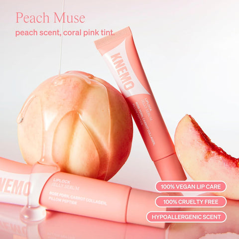 Peach muse. peach scent, coral pink tint. 100% vegan lip care. 100% cruelty free. Hypoallergenic scent. 