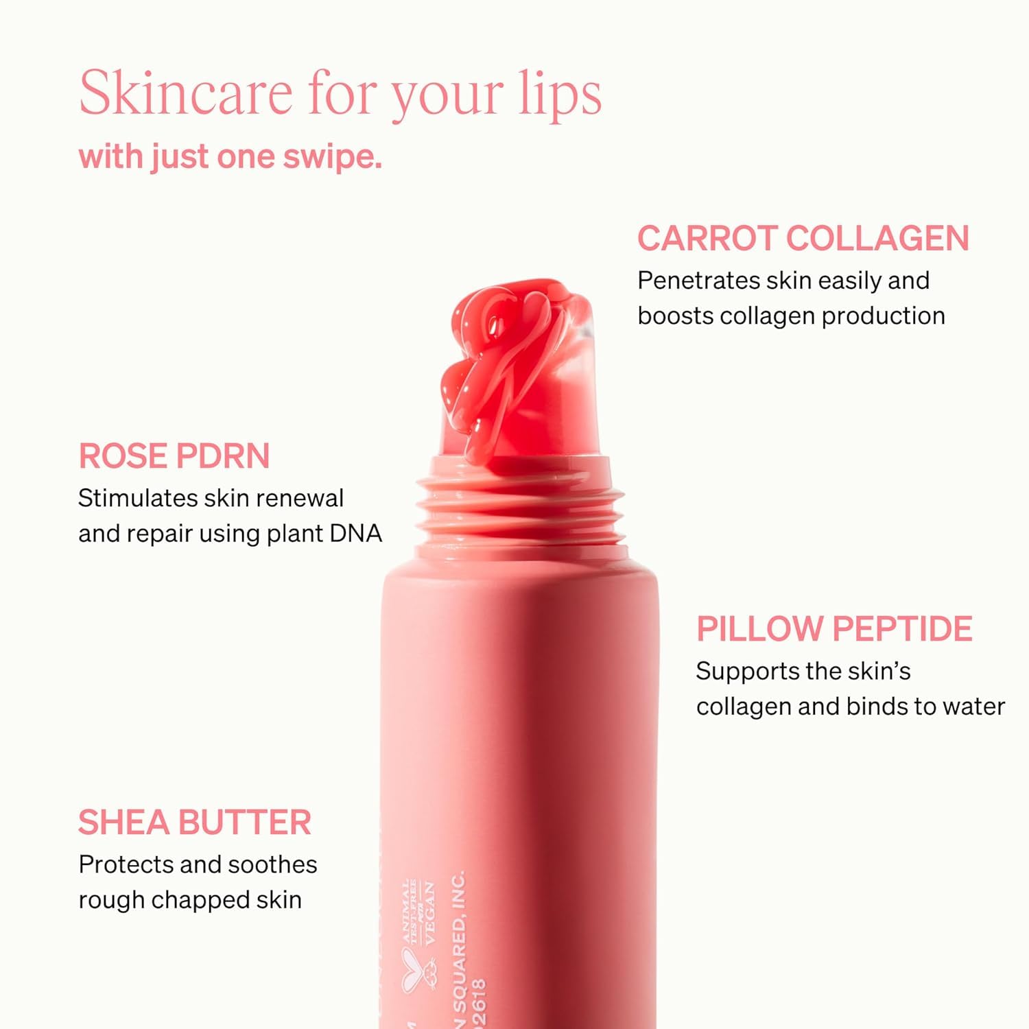 kincare for your lips with just one swipe. Rose PDRN stimulates skin renewal and repair using plant DNA. Carrot Collagen penetrates skin easily and boosts collagen production. Shea Butter products and soothes rough chapped skin. Pillow Peptide supports the skin's collagen and binds to water.
