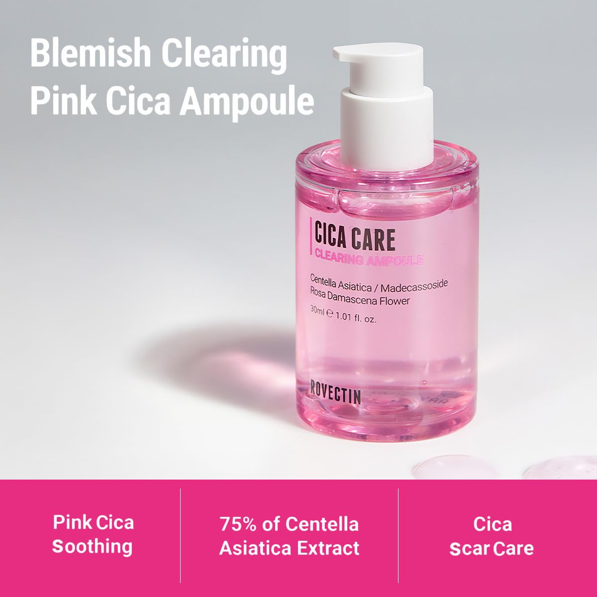 Blemish clearing pink cica ampoule. Pink cica soothing. 75% of centella asiatica extract. Cica scar care.