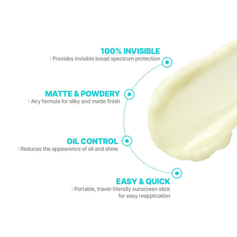 100 Percent invisible. Provides invisible broad spectrum protection. Matte and powdery. Airy formula for silky and matte finish. Oil control reduces the appearance of oil and shine. Easy and quick. Portable, travel friendly sunscreen stick for easy reapplication. 