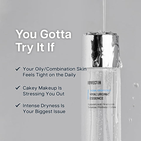  A silver cap of Rovectin Aqua Hydration Hyaluronic Essence, with clear text listing the product name and key ingredients: Hyaluronic Acid, Niacinamide, Trehalose, Panthenol, and Caffeine. The text on the image reads 