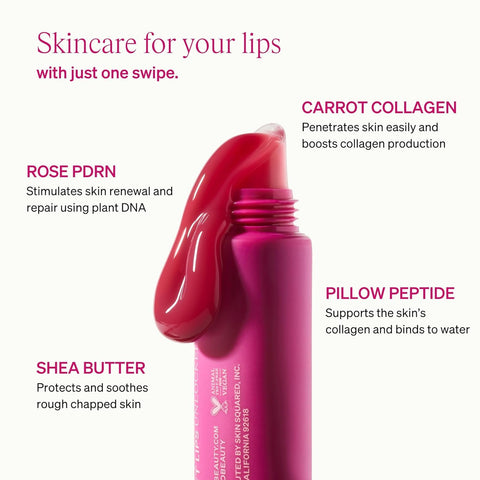 Skincare for your lips with just one swipe. Rose PDRN stimulates skin renewal and repair using plant DNA. Carrot Collagen penetrates skin easily and boosts collagen production. Shea Butter products and soothes rough chapped skin. Pillow Peptide supports the skin's collagen and binds to water.