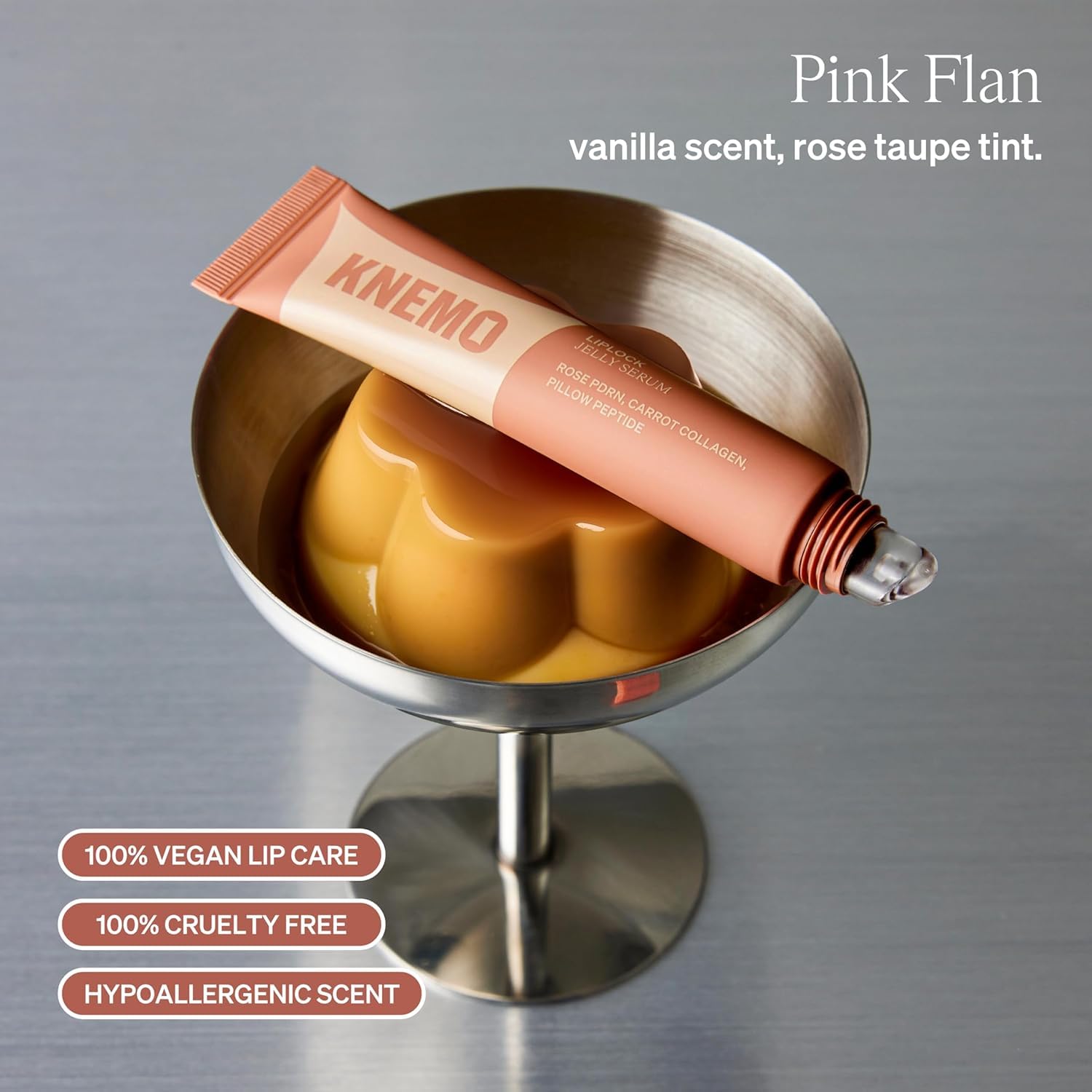 Pink Flan. Vanilla scent, rose taupe tint. 100% vegan lip care. 100% cruelty free. Hypoallergenic scent. 