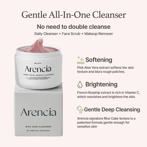 Gentle all in one cleanser. No need to double cleanse. Daily cleanser + Face scrub + makeup remover. Softening. Pink aloe vera extract softens the skin texture and blurs rough patches. Brightening. French rosehip extract is rich in vitamin c, which nourishes and brightens the skin. Gentle deep cleansing. Arencia signature rice cake texture is a patented formula gentle enough for sensitive skin. 