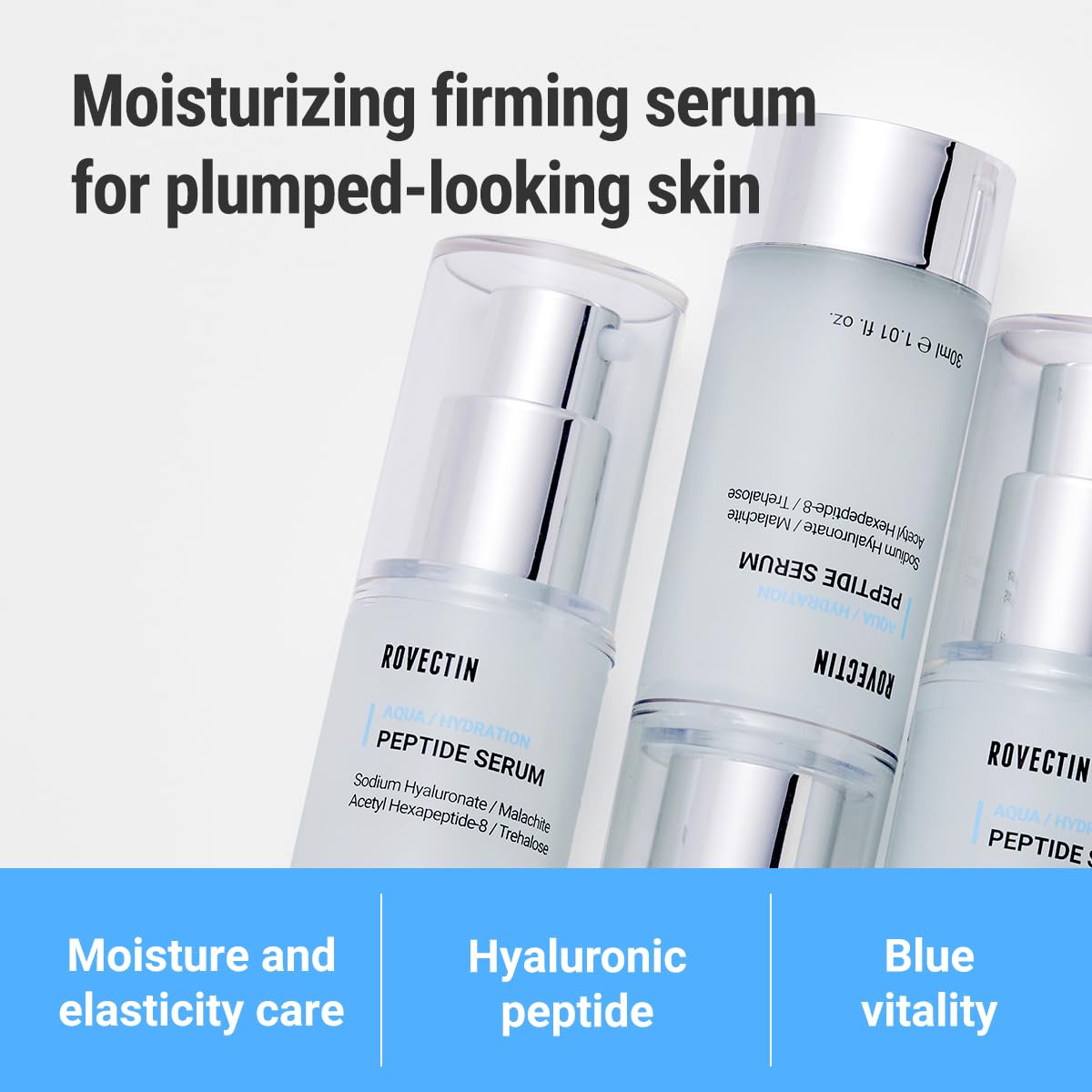 Multiple bottles of Rovectin Aqua Hydration Peptide Serum with text: Moisturizing firming serum for plumped-looking skin. Features moisture and elasticity care, hyaluronic peptide, and blue vitality
