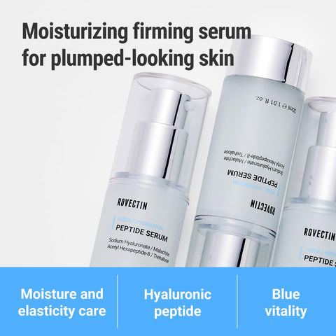 Multiple bottles of Rovectin Aqua Hydration Peptide Serum with text: Moisturizing firming serum for plumped-looking skin. Features moisture and elasticity care, hyaluronic peptide, and blue vitality