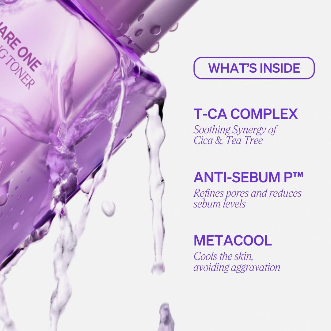 Close-up of Knemo Square One Soothing Toner with water splashing. Highlights three key ingredients: T-CA Complex (Cica & Tea Tree), Anti-Sebum P™, and Metacool, with their skincare benefits.
