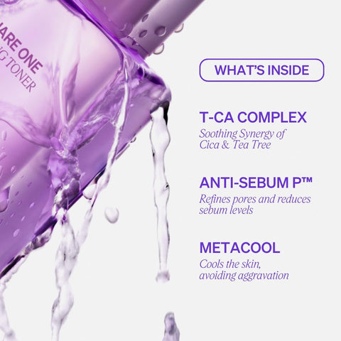 Close-up of Knemo Square One Soothing Toner with water splashing. Highlights three key ingredients: T-CA Complex (Cica & Tea Tree), Anti-Sebum P™, and Metacool, with their skincare benefits.