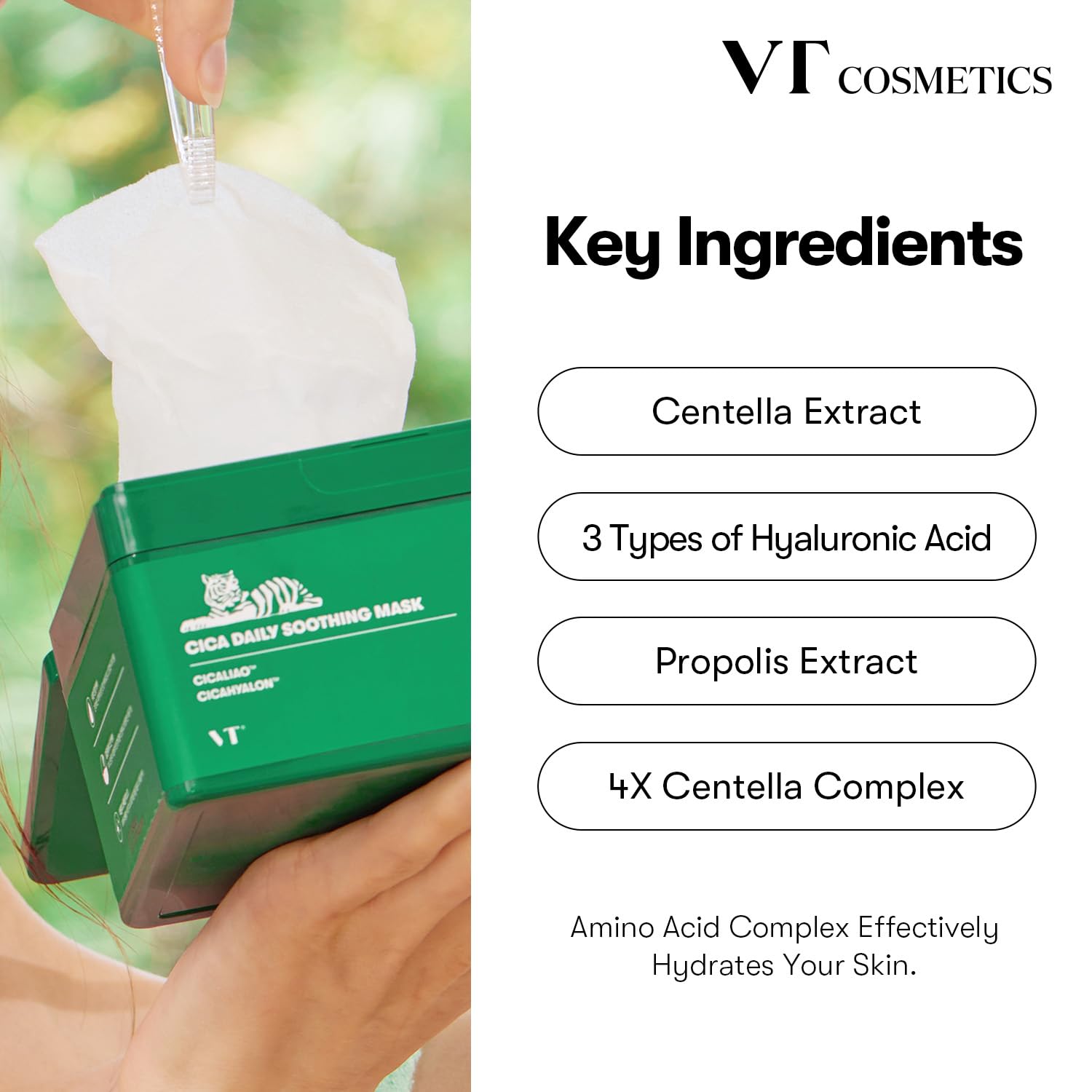 A person's hand holding a green container of VT Cosmetics Cica Daily Soothing Mask. The text 