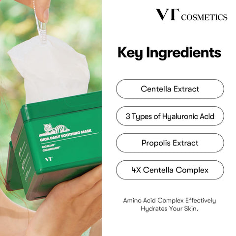 A person's hand holding a green container of VT Cosmetics Cica Daily Soothing Mask. The text 