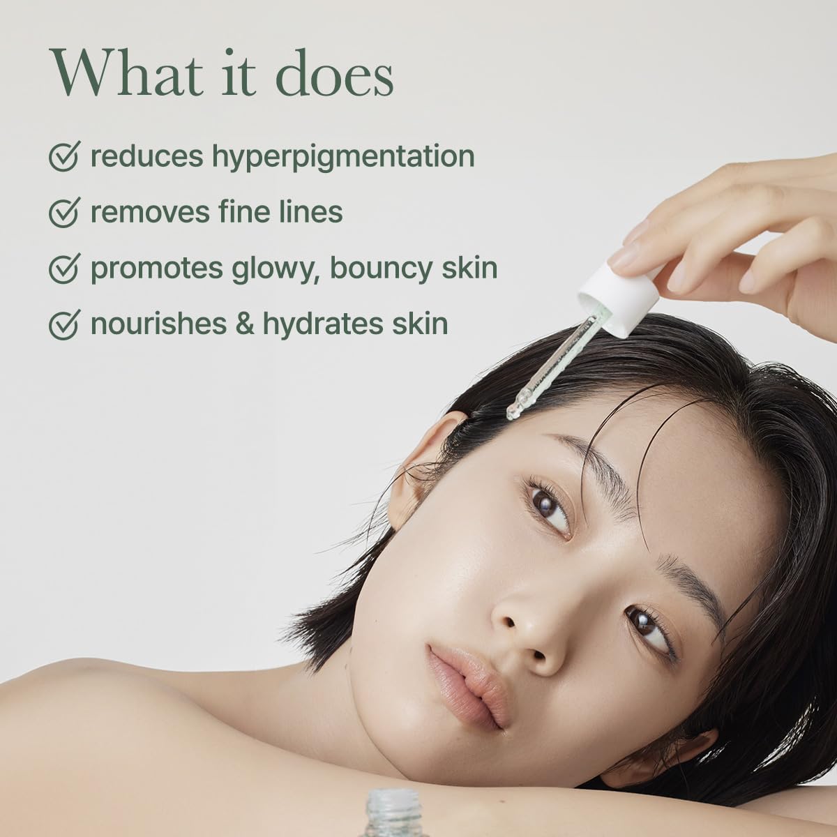 What it does. Reduces hyperpigmentation. Removes fine lines. Promotes glowy, bouncy skin. Nourishes and hydrates skin.