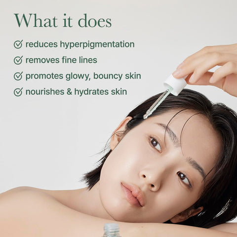 What it does. Reduces hyperpigmentation. Removes fine lines. Promotes glowy, bouncy skin. Nourishes and hydrates skin.