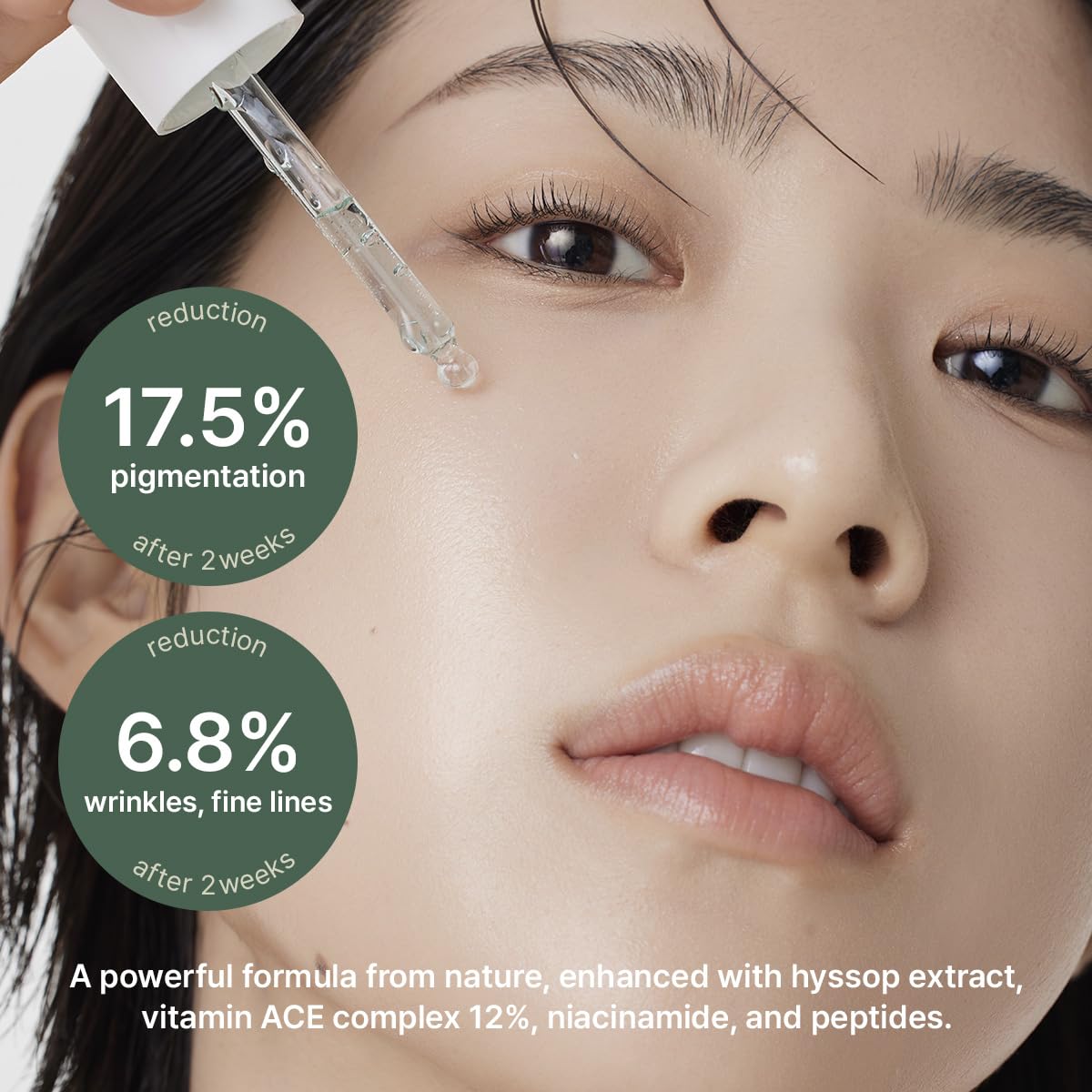 Reduction 17.5 percent pigmentation after 2 weeks. Reduction 6.8 percent wrinkles and fine lines after 2 weeks. A powerful formula from nature, enhanced with hyssop extract, vitamin ACE complex 12%, niacinamide, and peptides.