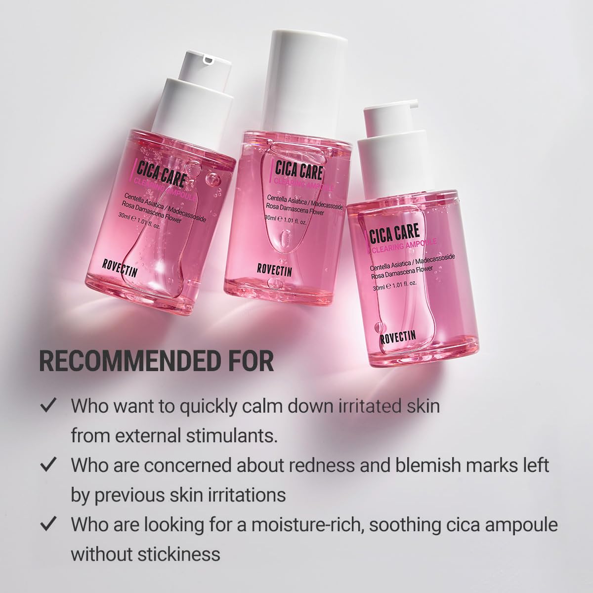 Recommended for who want to quickly calm down irritated skin from external stimulants. Who are concerned about redness and blemish marks left by previous skin irritations. Who are looking for a moisture-rich, soothing cica ampoule without stickiness. 