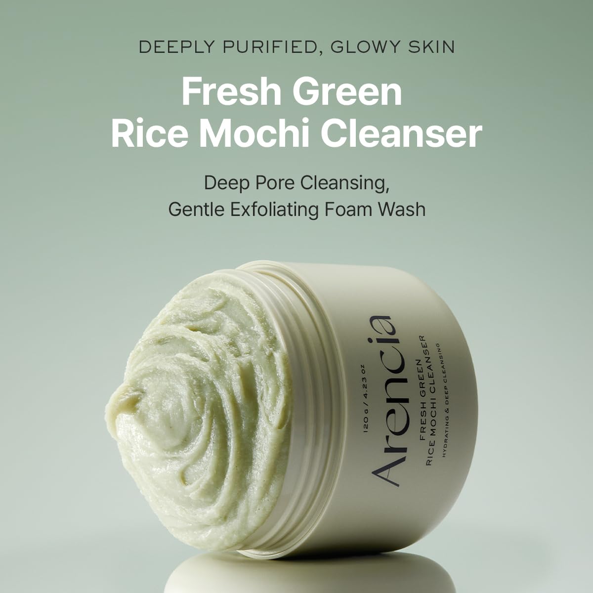 Deeply purified, glowy skin. Fresh green rice mochi cleanser. Deep pore cleansing, gentle exfoliating foam wash.