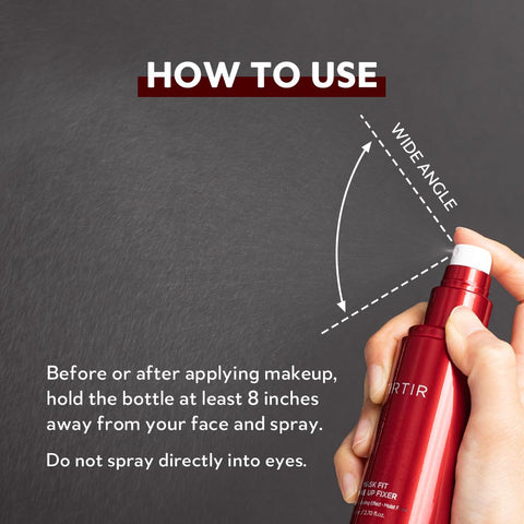 How to use. Before or after applying makeup, hold the bottle at least 8 inches away from your face and spray. Do not spray directly into eyes.