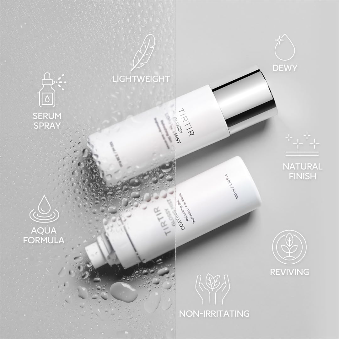TIRTIR glossy coating mist. serum spray, lightweight, dewy, natural finish, reviving, non-irritating, and aqua formula. 