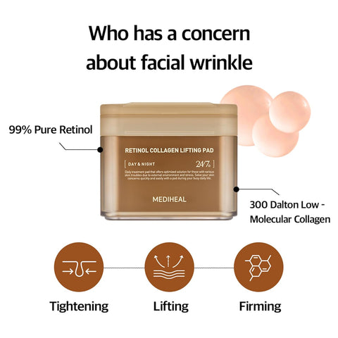 Who has a concern about facial wrinkle. 99% pure retinol and 300 dalton low-molecular collagen helps tightening, lifting, and firming.