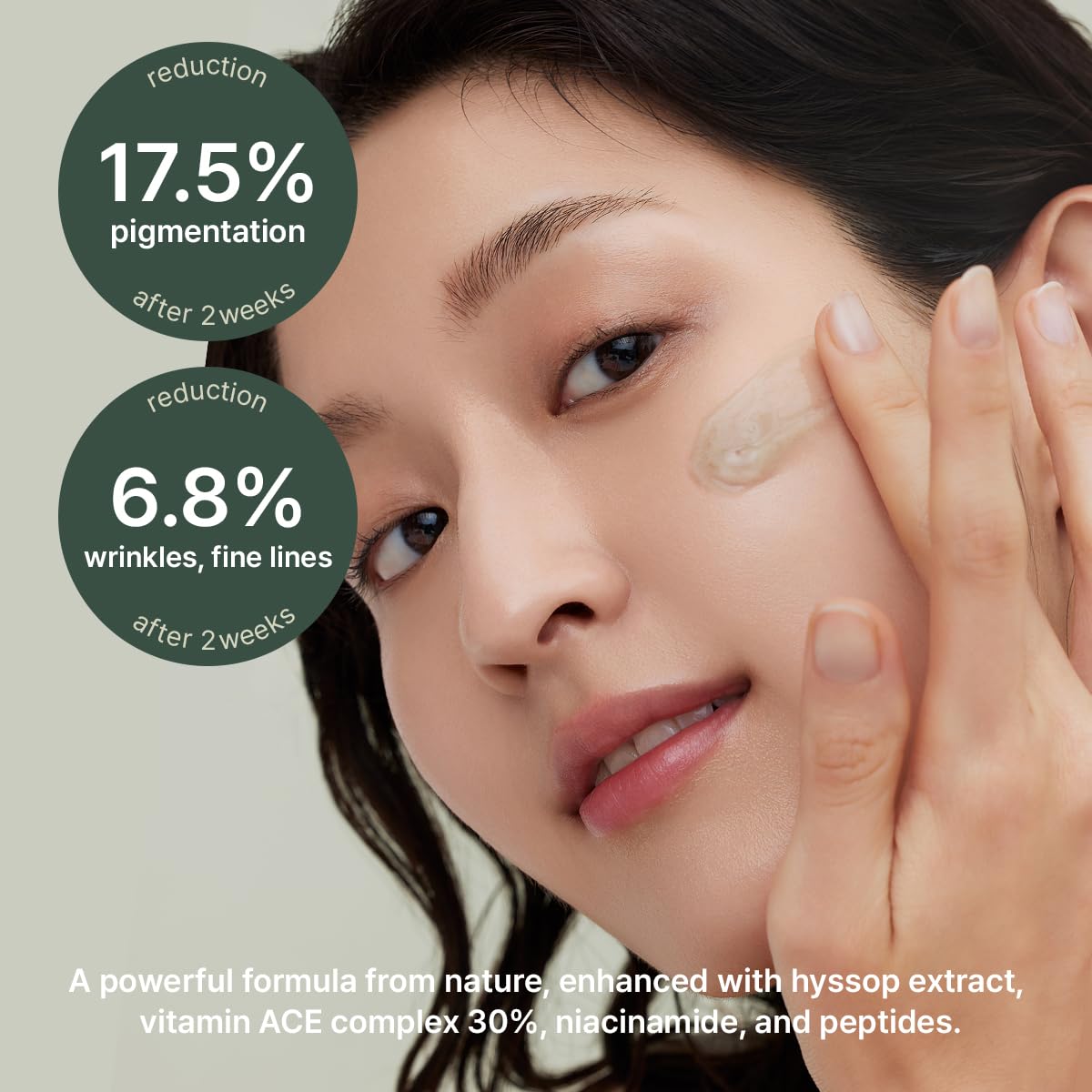 Reduction 17.5% pigmentation after 2 weeks. Reduction 6.8% wrinkles and fine lines after 2 weeks. A powerful formula from nature, enhanced with hyssop extract, vitamin ACE complex 30%, niacinamide, and peptides. 