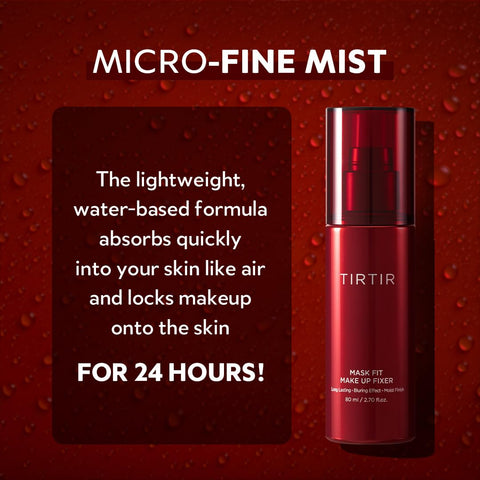 micro fine mist. The lightweight, water-based formula absorbs quickly into your skin like air and locks makeup onto the skin for 24 hours. 