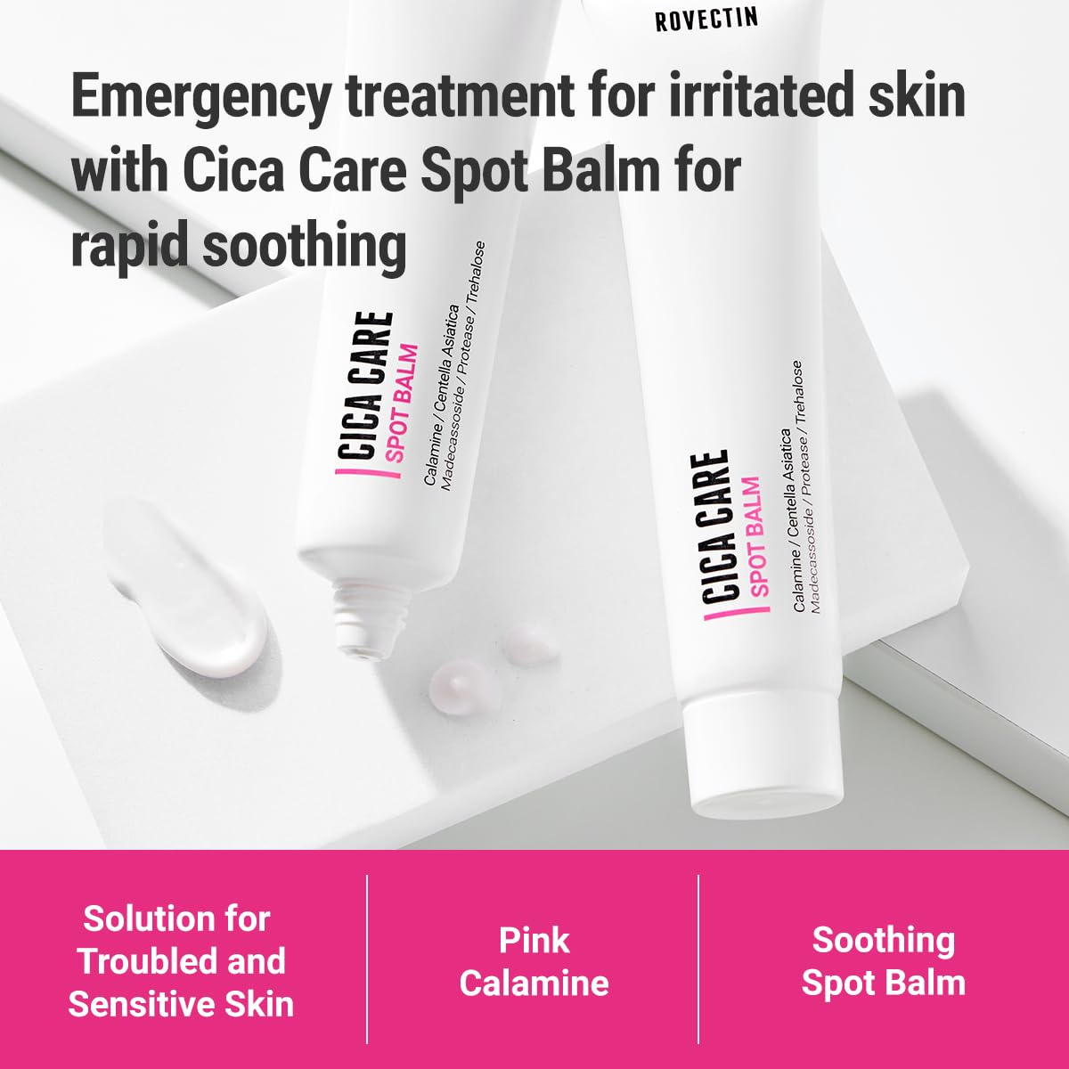 Emergency treatment for irritated skin with Cica Care Spot Balm for rapid soothing. Solution for troubled and sensitive skin. Pink Calamine. Soothing Spot balm. 