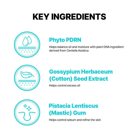 Phyto PDRN helps balance oil and moisture with plant DNA ingredient derived from Centella Asiatica. Gossypium Herbaceum Seed Extract helps control excess oil. Pistacia Lentiscus Gum helps control sebum and refine the skin. 