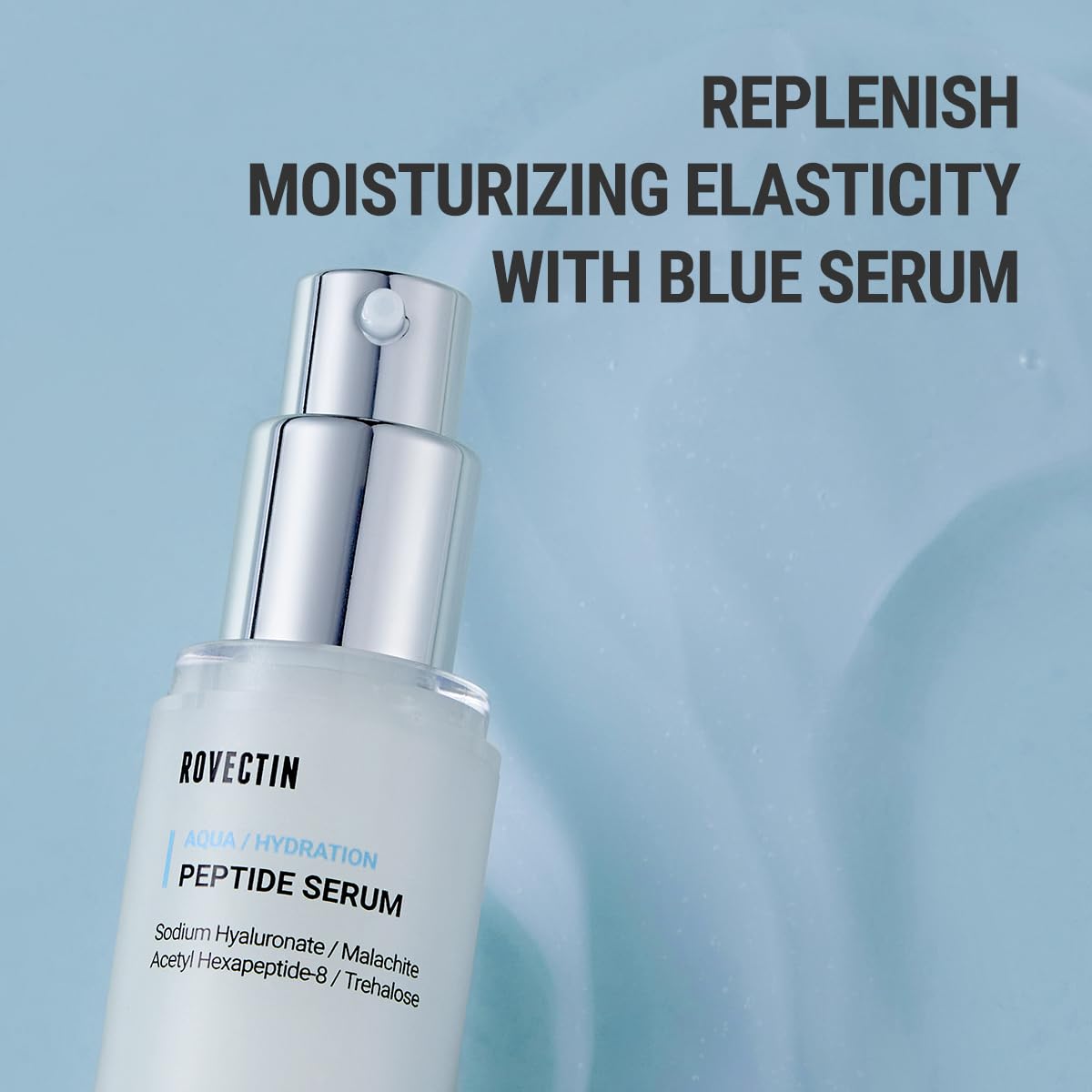 Close-up of Rovectin Aqua Hydration Peptide Serum bottle on a blue background with text that reads: Replenish moisturizing elasticity with blue serum.