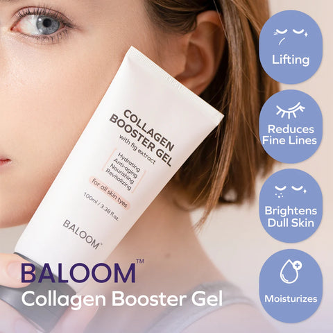 A woman holding a tube of BALOOM Collagen Booster Gel with fig extract. The product is described as hydrating, anti-aging, nourishing, and revitalizing, suitable for all skin types. The image also includes icons indicating the benefits: lifting, reducing fine lines, brightening dull skin, and moisturizing. The tube contains 100 ml (3.38 fl oz) of the product.