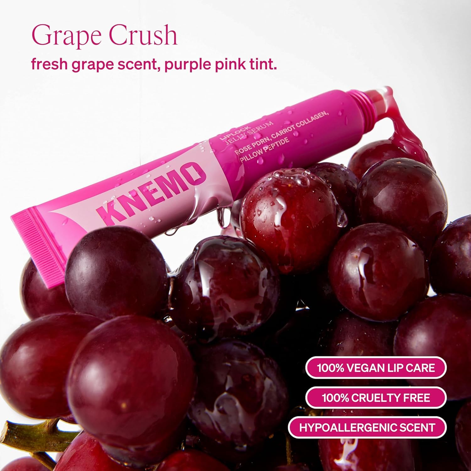 Grape Crush. Fresh grape scent, purple pink tint. 100% vegan lip care. 100% cruelty free. Hypoallergenic scent. 