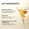 Key ingredients of AXIS-Y Dark Spot Correcting Glow Serum 1.69 oz. Highlights Niacinamide 5% to improve uneven skin tone and strengthen the skin barrier, Squalane to deliver essential hydration, and Hippophae Rhamnoides (Sea Buckthorn) Fruit Extract to enhance radiance and reduce blemishes. Visual includes a glass with golden fruit pieces in liquid.