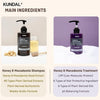 Main ingredients. Honey and macadamia shampoo contains Honey and macadamia seed extract, 49 types plant-derived extracts, plant-derived surfactants, and weakly acidic formula. Honey and macadamia treatment contains low molecular protein,  types of hair protective ingredient, 6 types of plant-derived oils, and pH balancing formula. 