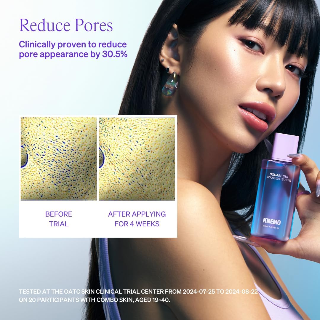 Model holding Knemo Square One Soothing Toner. Side-by-side microscopic skin images show a clinical reduction in pore appearance by 30.5% after 4 weeks of use.