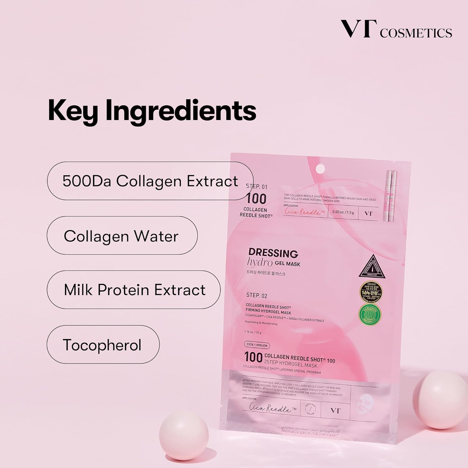 A pink background with a white container of VT Cosmetics Collagen Reedle Shot 100 2Step Hydrogel Mask. The text 