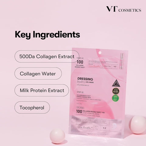 A pink background with a white container of VT Cosmetics Collagen Reedle Shot 100 2Step Hydrogel Mask. The text 