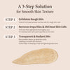 A 3 step solution for smooth skin texture. Step 1 exfoliates rough skin. Walnut fruit peel powder and sea salt for rough skin care. Step 2 removes impurities and old dead skin cells. AHA and PHA ingredients thoroughly care for old dead skin cells and impurities on the skin. Step 3 transparent and radiant skin. Rice powder cleans up dead skin cells, creating a smooth skin texture. It also helps in keeping a clear and glowing body tone. 